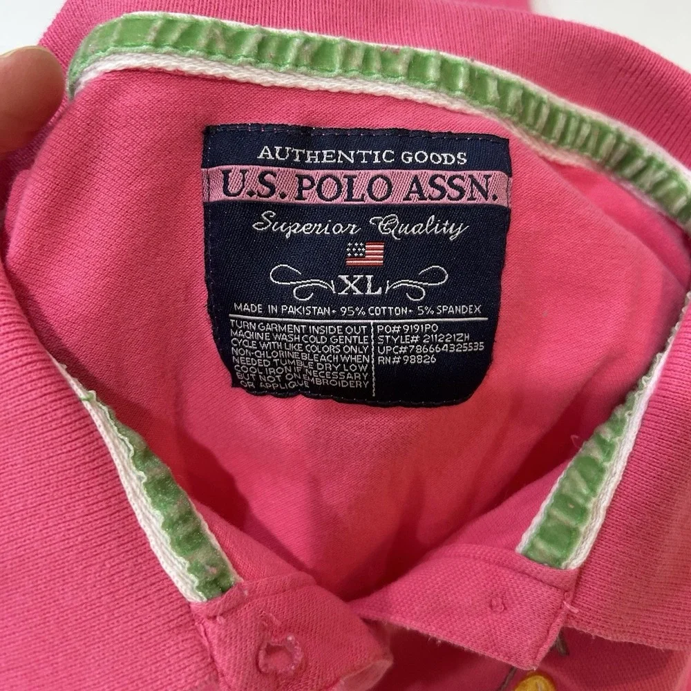 US Polo Assn Women's Polo Shirt XL Hot Pink Trim Stretch Pony Logo Y2K Preppy